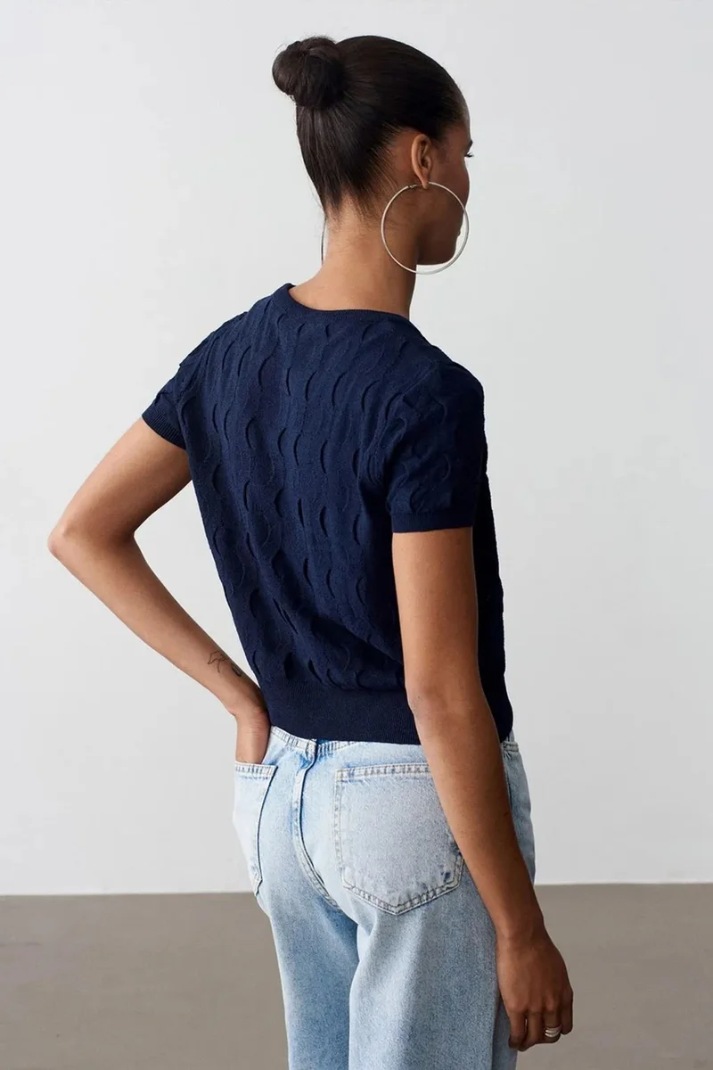 Dilvin Navy Blue DILVIN Textured Ribbed Crop Blouse for Women | Best Price UAE