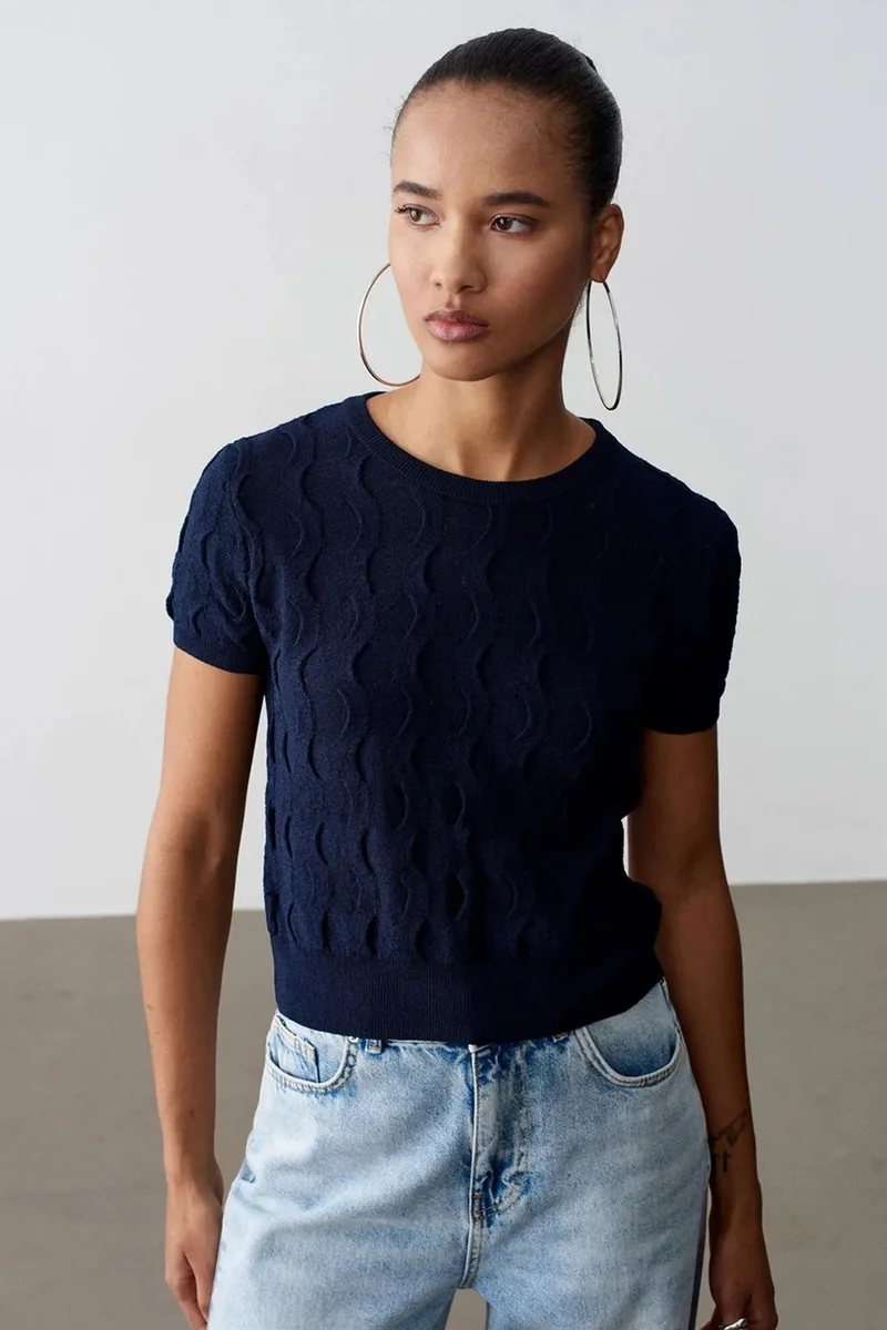 Dilvin Navy Blue DILVIN Textured Ribbed Crop Blouse for Women | Best Price UAE