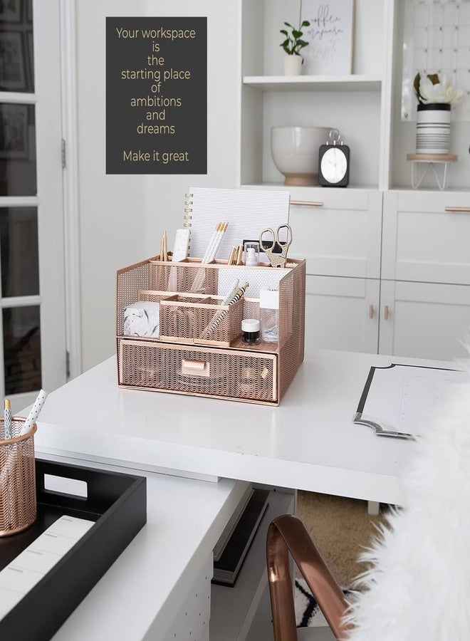 BLU MONACO Large Rose Gold Desk Organizer | 12-Compartment Metal Mesh Desktop Organizer with Drawer | Office Supplies & File Holder for Home Office, Workspaces, Vanity & Craft Storage - Image 2