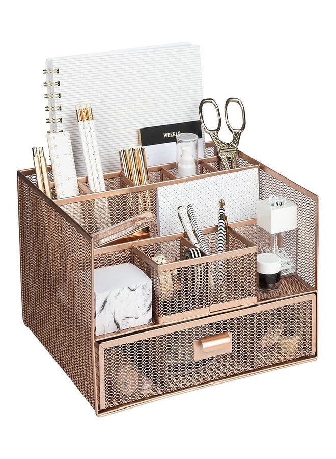 BLU MONACO Large Rose Gold Desk Organizer | 12-Compartment Metal Mesh Desktop Organizer with Drawer | Office Supplies & File Holder for Home Office, Workspaces, Vanity & Craft Storage - Image 1
