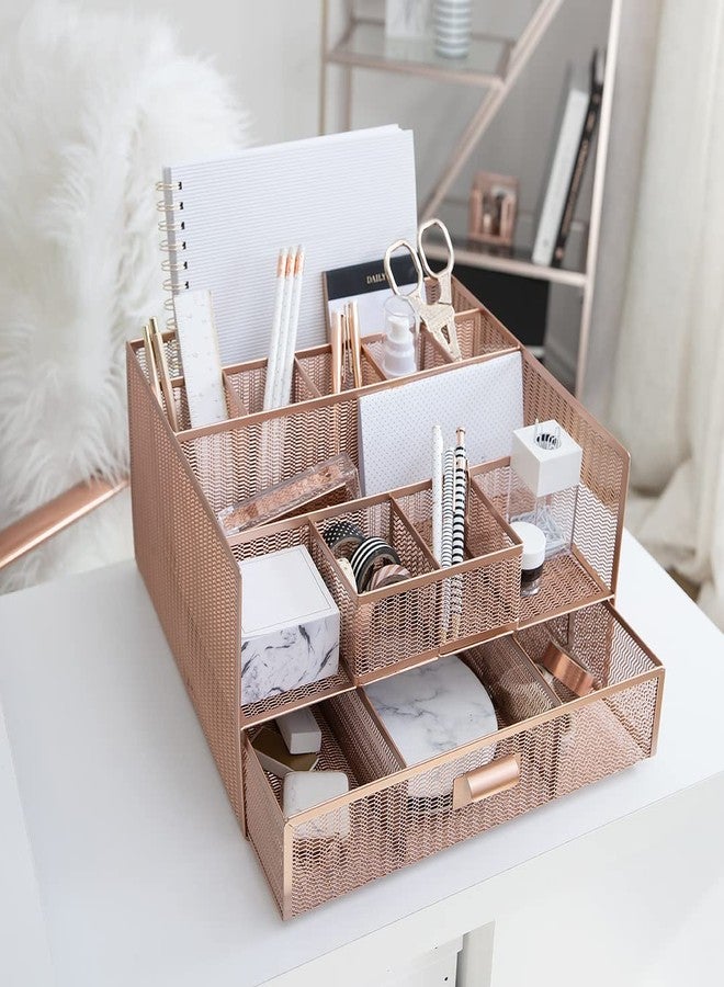 BLU MONACO Large Rose Gold Desk Organizer | 12-Compartment Metal Mesh Desktop Organizer with Drawer | Office Supplies & File Holder for Home Office, Workspaces, Vanity & Craft Storage - Image 4