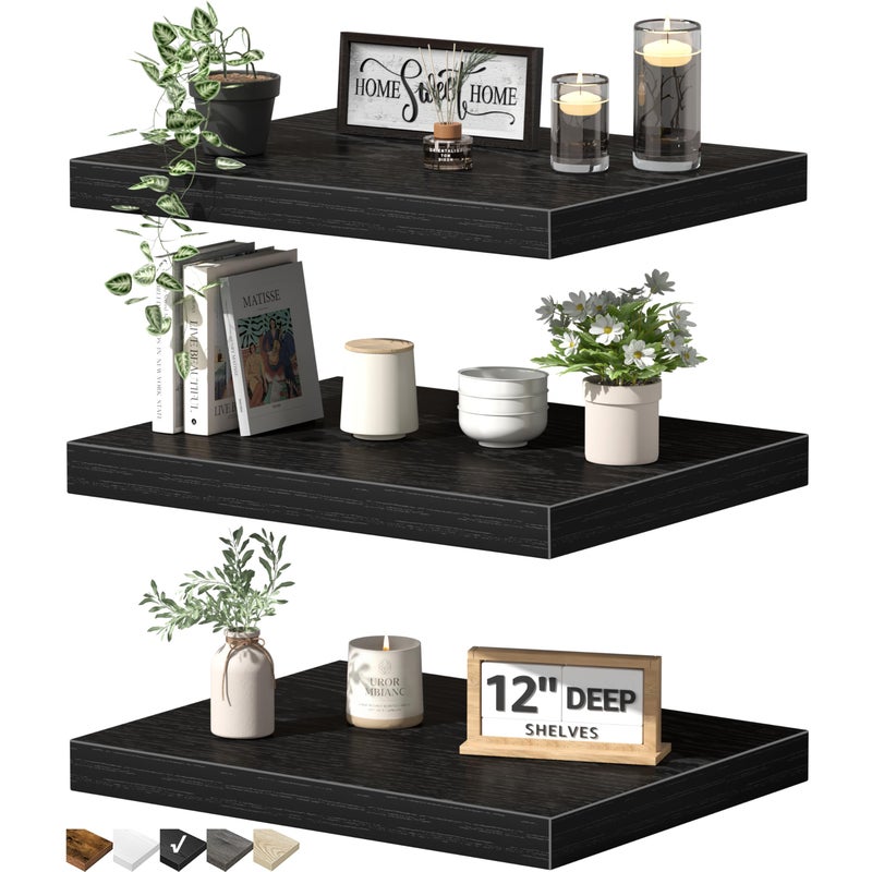 QEEIG 12" Deep Floating Shelves for Wall - 12 x 16 inch Book Shelf Bathroom Bedroom Kitchen Living Room Hanging Bookshelf Farmhouse Set of 3, Black (026-40B3) - Image 1