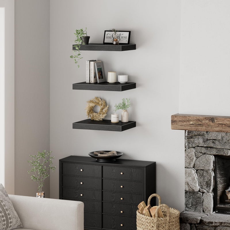 QEEIG 12" Deep Floating Shelves for Wall - 12 x 16 inch Book Shelf Bathroom Bedroom Kitchen Living Room Hanging Bookshelf Farmhouse Set of 3, Black (026-40B3) - Image 4