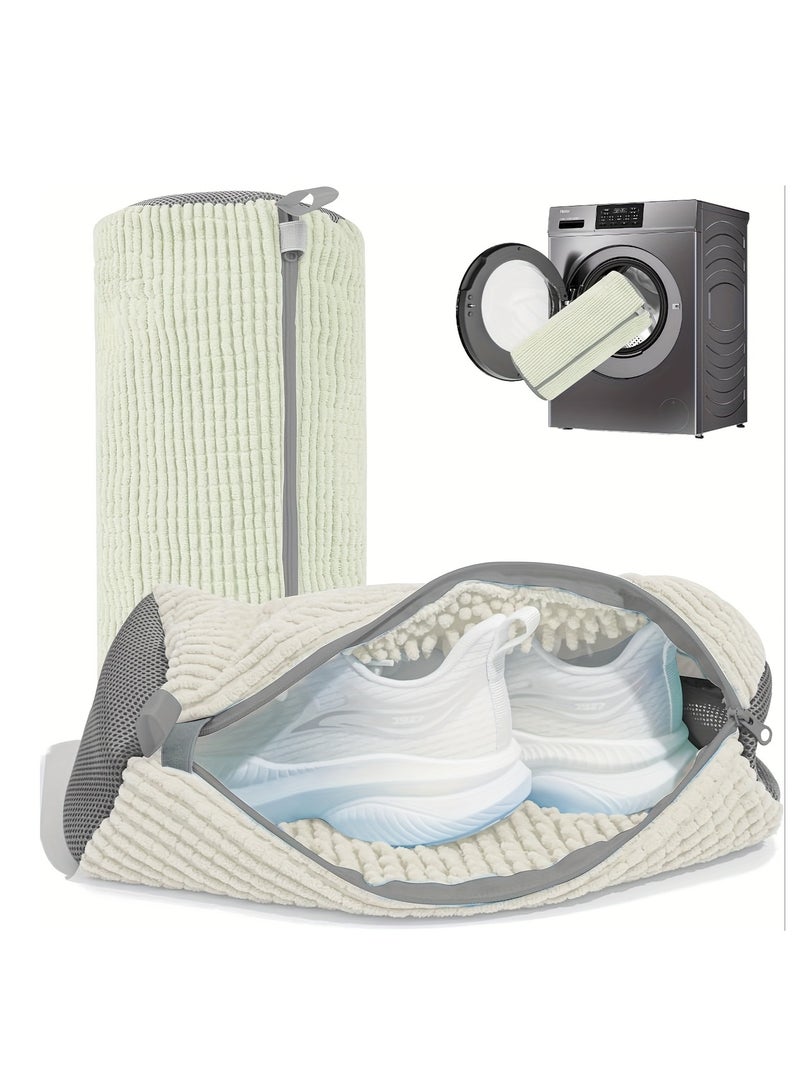 حقيبة غسيل أحذية من الألياف الناعمة بزاوية 360 درجة - حقيبة غسيل متينة قابلة لإعادة الاستخدام وقابلة للغسل في الغسالة بسحاب إغلاق، مصنوعة من قماش الشنيل المقاوم للبهتان والألوان الثابتة، مناسبة للأح - Image 1