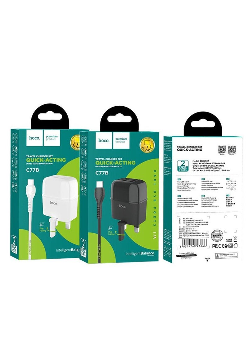 هوكو 2.4A شاحن مزدوج المنفذ مجموعة قابس المملكة المتحدة مع كابل Type-C أسود - Image 3