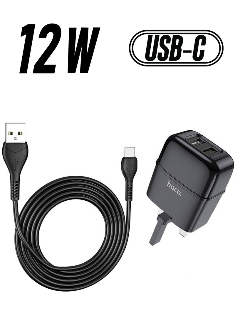 هوكو 2.4A شاحن مزدوج المنفذ مجموعة قابس المملكة المتحدة مع كابل Type-C أسود - Image 1