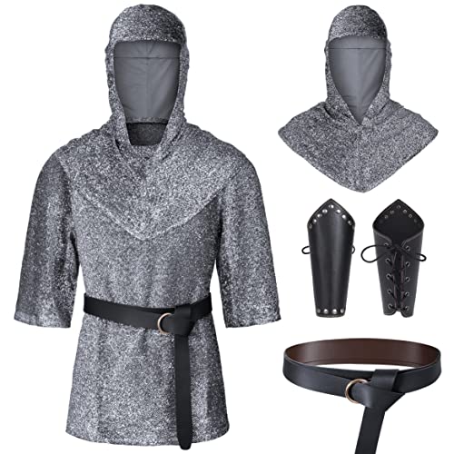 Irtysh Renaissance Faux Chain Mail Armor Tunic Shirt Coif Medieval Knight Cowl Crusader Costume Outfit Bracers Waist Belt Set2XL Silver Gray - Image 1