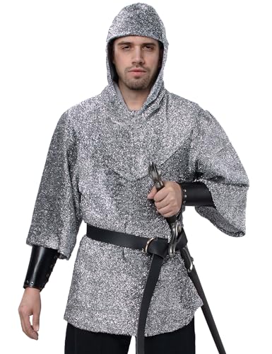 Irtysh Renaissance Faux Chain Mail Armor Tunic Shirt Coif Medieval Knight Cowl Crusader Costume Outfit Bracers Waist Belt Set2XL Silver Gray - Image 3