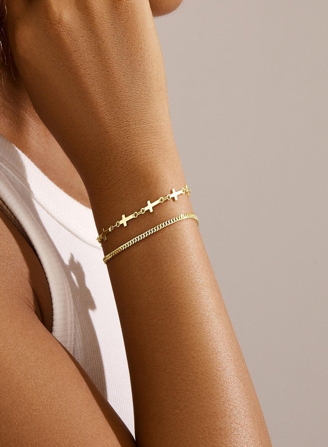 Poxtex أساور ذهبية للنساء، غير قابلة للتلف، أساور أنيقة قابلة للتكديس، أساور مطلية بالذهب قابلة للتكديس مع خرز، مشبك ورق كوبي، حبل ثعبان، سلسلة يد، هدايا مجوهرات للنساء - Image 2