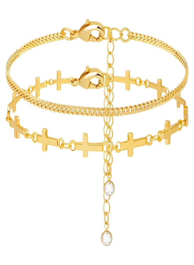 Poxtex أساور ذهبية للنساء، غير قابلة للتلف، أساور أنيقة قابلة للتكديس، أساور مطلية بالذهب قابلة للتكديس مع خرز، مشبك ورق كوبي، حبل ثعبان، سلسلة يد، هدايا مجوهرات للنساء - Image 1