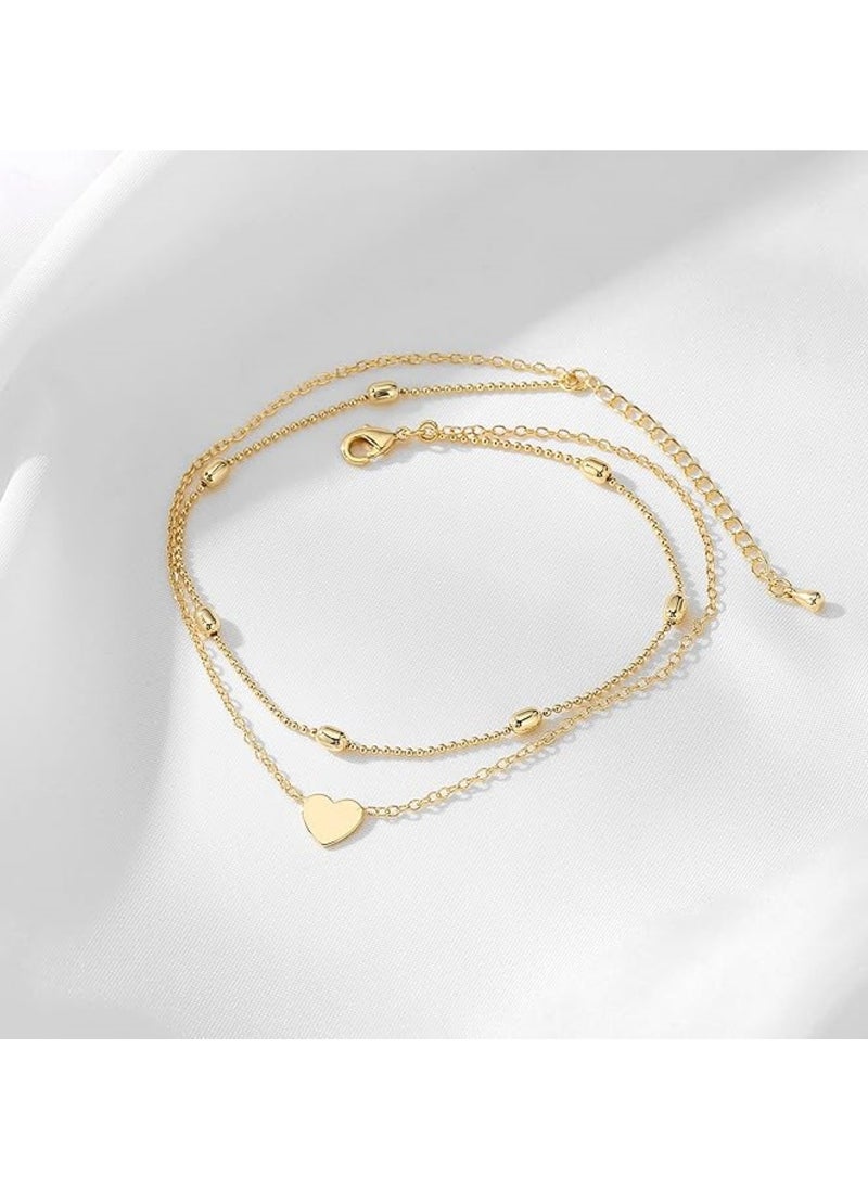 Huitich Double-Layer Love Heart Anklet Elegant Gold Alloy Multi-Layer Anklet  - Image 3
