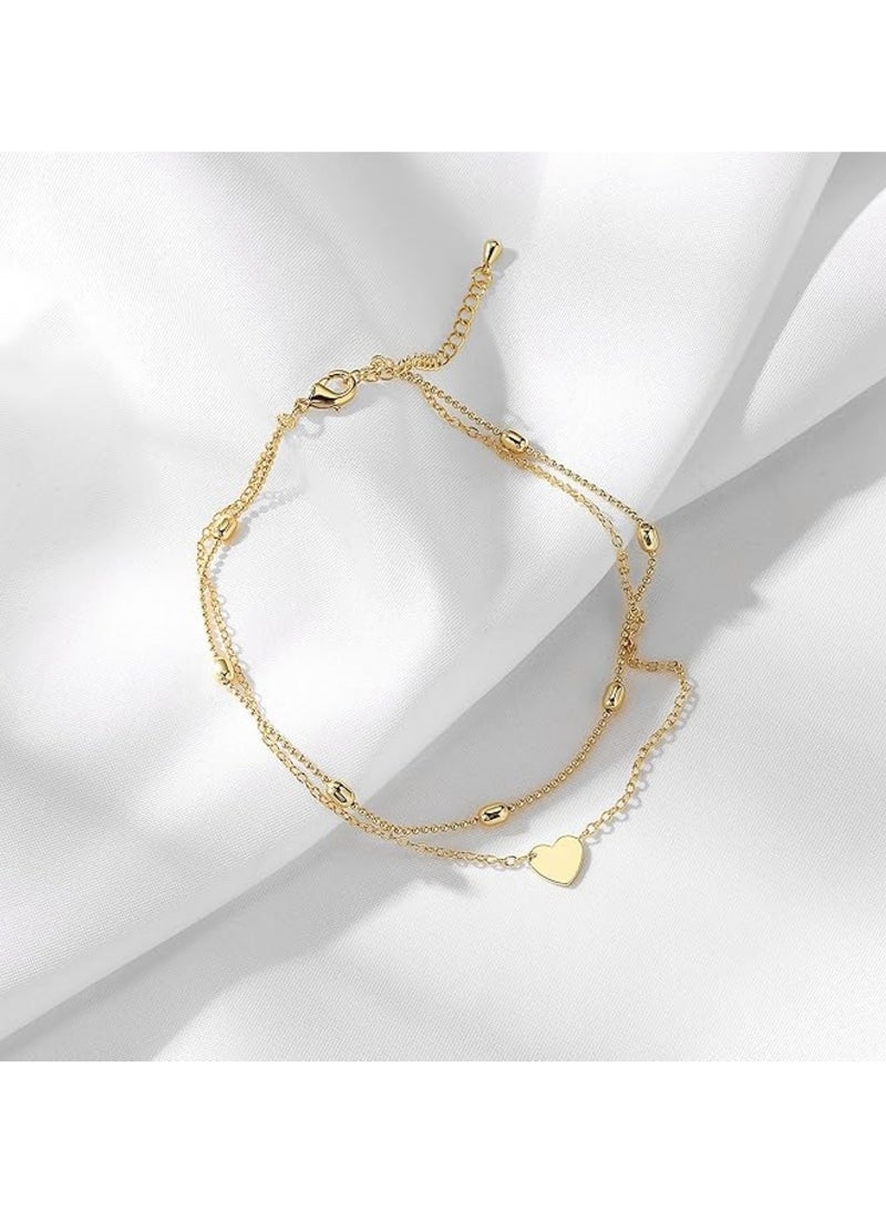 Huitich Double-Layer Love Heart Anklet Elegant Gold Alloy Multi-Layer Anklet  - Image 4