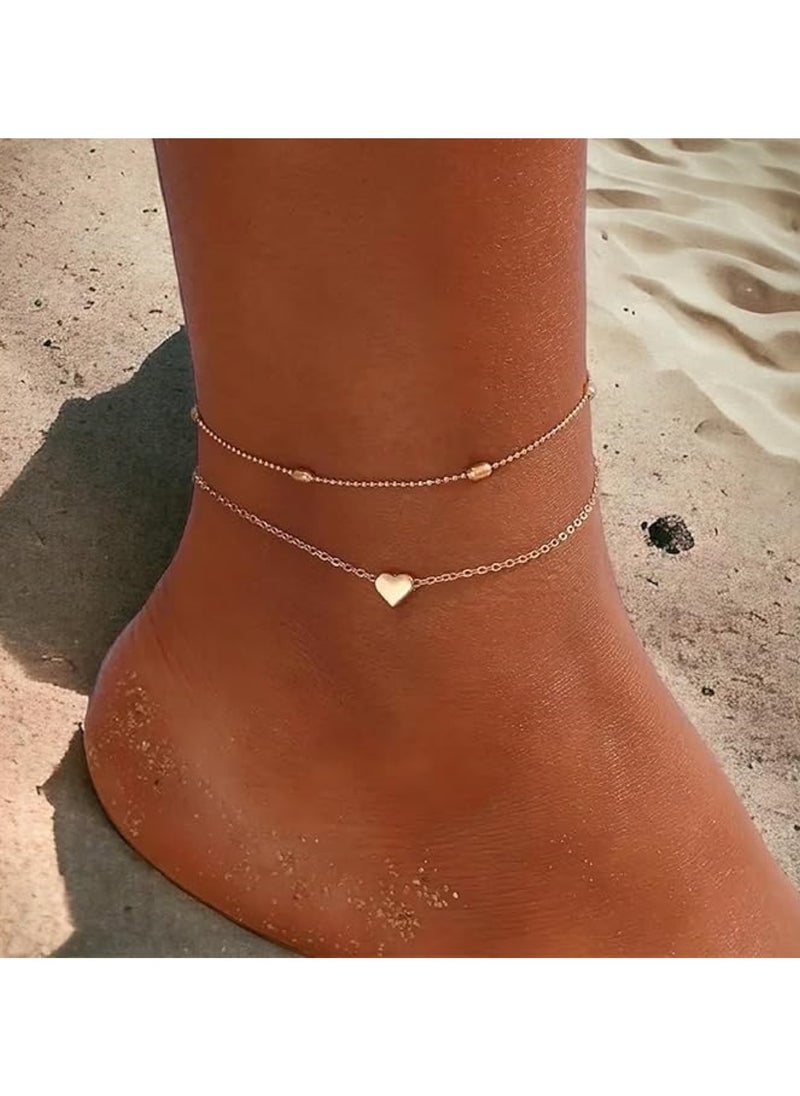 Huitich Double-Layer Love Heart Anklet Elegant Gold Alloy Multi-Layer Anklet  - Image 5