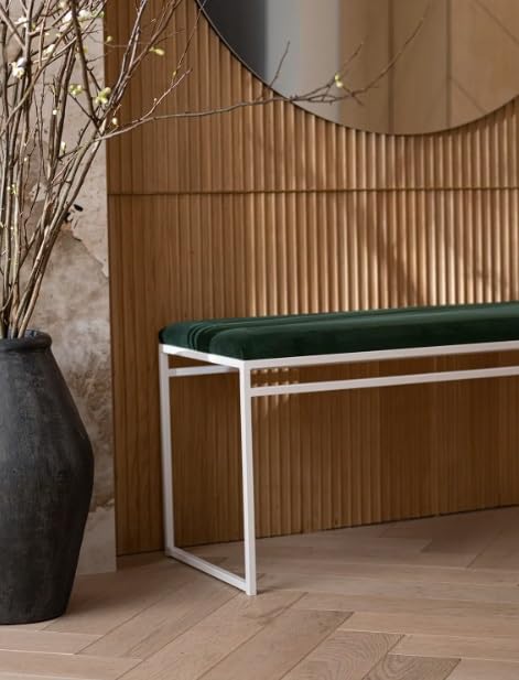 INDIDECOR INDIDECOR 64204 Hallway Bench Entryway Bench for Home and Office Green Velvet Cushion White Metal Frame Suitable for Living RoomBedroomOffice 100 cm x 46 cm x 39 cm  - Image 2