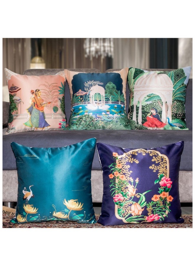 Vendola Decorative Satin 250TC Sofa Cushion Pillow Covers, Multicolor, Set of 5 Ethnic Cushion Covers(Saheliyo Ki Bari,16x16 Inches) - Image 1