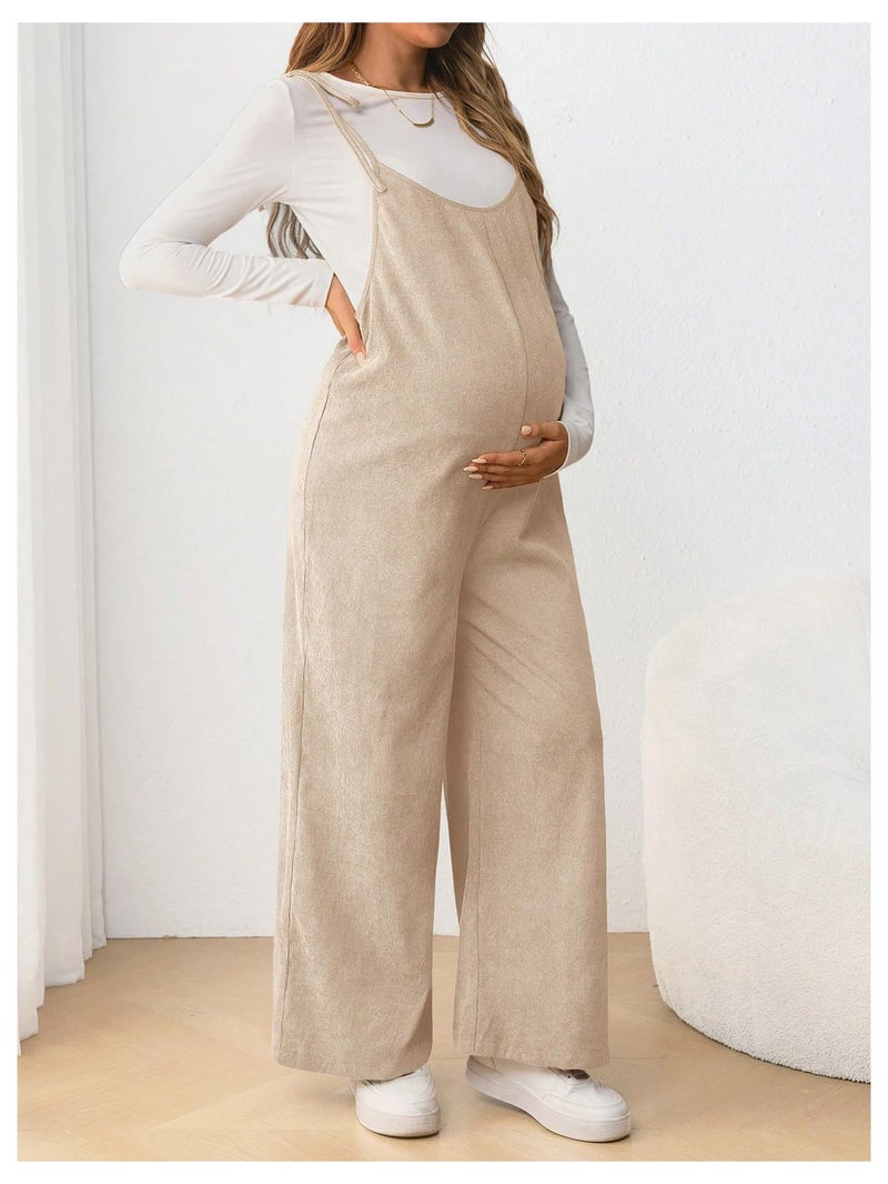 OYOANGLE Women's Maternity Wide Leg Overalls U Neck Spaghetti Strap Pregnancy Jumpsuits Apricot Medium - Image 3