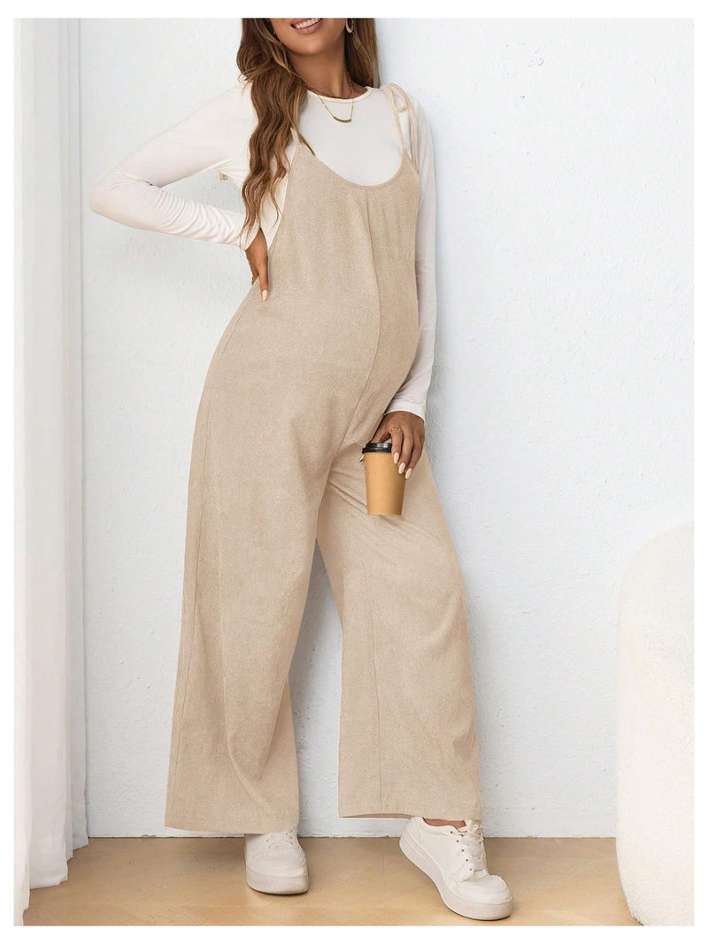 OYOANGLE Women's Maternity Wide Leg Overalls U Neck Spaghetti Strap Pregnancy Jumpsuits Apricot Medium - Image 5