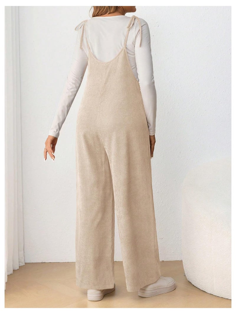 OYOANGLE Women's Maternity Wide Leg Overalls U Neck Spaghetti Strap Pregnancy Jumpsuits Apricot Medium - Image 2