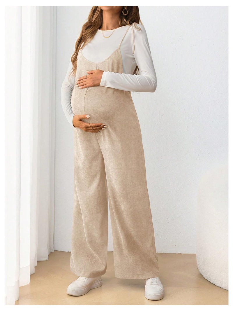 OYOANGLE Women's Maternity Wide Leg Overalls U Neck Spaghetti Strap Pregnancy Jumpsuits Apricot Medium - Image 4