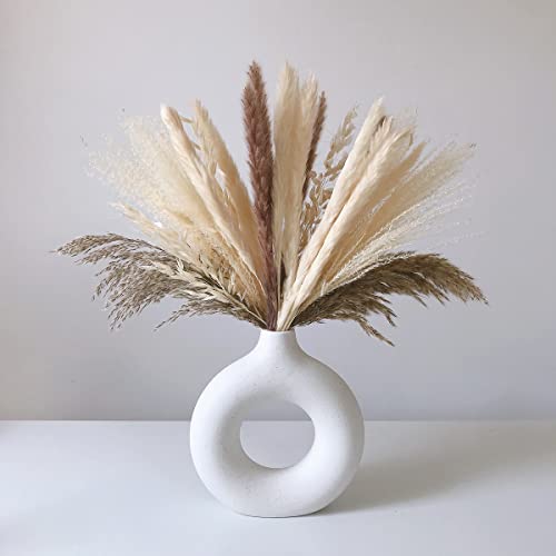 Eastern Rock White Ceramic Vases for Pampas Grass,Water Drop Design Doughnut vase Modern Home Decor Minimalist Nordic Boho Ins Style (White Medium) - Image 1