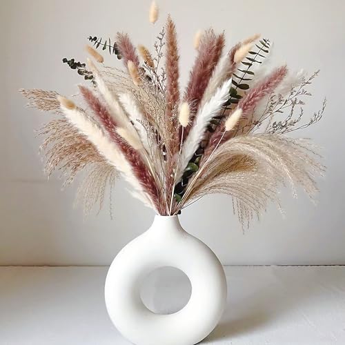 Eastern Rock White Ceramic Vases for Pampas Grass,Water Drop Design Doughnut vase Modern Home Decor Minimalist Nordic Boho Ins Style (White Medium) - Image 3