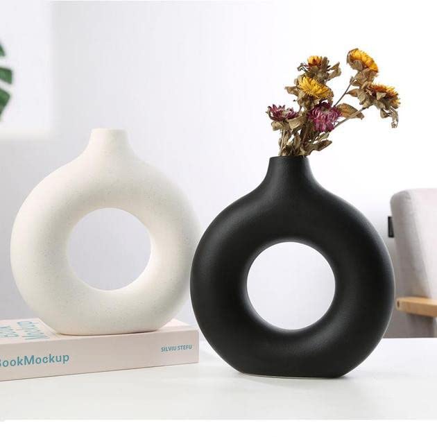 Eastern Rock White Ceramic Vases for Pampas Grass,Water Drop Design Doughnut vase Modern Home Decor Minimalist Nordic Boho Ins Style (White Medium) - Image 5