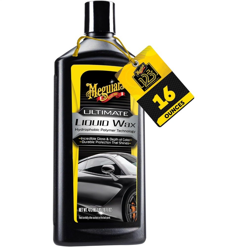 Ultimate Liquid Wax for automotive use, synthetic polymer formula, clear finish, durable shine and hydrophobic protection, includes microfiber towel and applicator pad 16 oz bottle