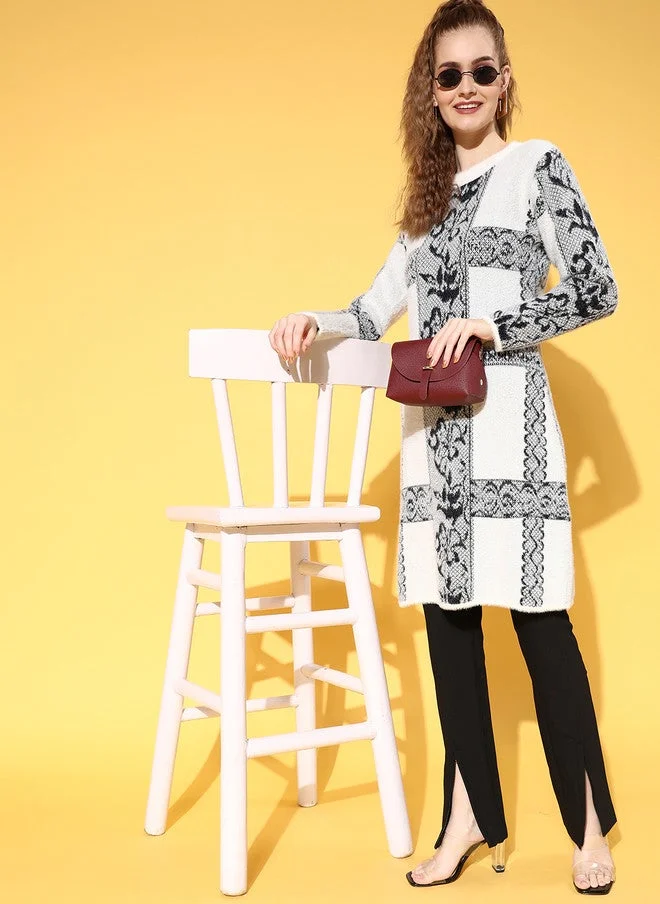 SASSAFRAS White Ethnic Motifs Longline Sweater for Women