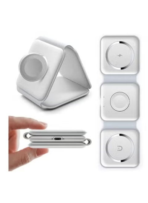 Foldable 3 in 1 Magnetic Slim Wireless Charger | Qi-Certified 15W Fast Charging Station | Compatible with iPhone, Samsung & All Qi-Enabled Devices | Portable Foldable Design for Phone, AirPods & Smartwatch | White Color | Efficient Multi-Device Wireless Charging Solution for Home & Office