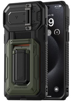 VRS Design D-Wallet Origin iPhone 15 PRO Case Cover Wallet with Semi Automatic Credit Card Holder Slot [3 Cards] & Camera Lens Protector Kickstand - Moss Green  - Image 1