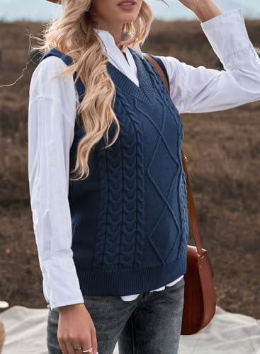 EVALESS Womens Sweater Vest V Neck Sleeveless Sweaters for Women Cable Knit Solid Color Tops Loose Casual Soft Sweater Blue Medium - Image 5