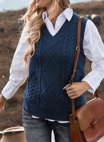 EVALESS Womens Sweater Vest V Neck Sleeveless Sweaters for Women Cable Knit Solid Color Tops Loose Casual Soft Sweater Blue Medium - Image 2