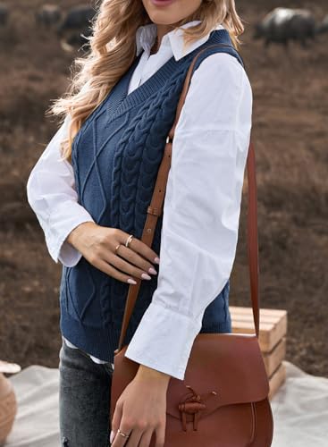 EVALESS Womens Sweater Vest V Neck Sleeveless Sweaters for Women Cable Knit Solid Color Tops Loose Casual Soft Sweater Blue Medium - Image 4