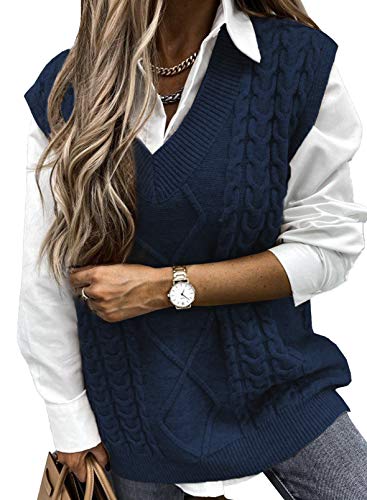EVALESS Womens Sweater Vest V Neck Sleeveless Sweaters for Women Cable Knit Solid Color Tops Loose Casual Soft Sweater Blue Medium - Image 1