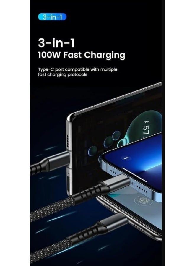3 in 1 USB Cable 100W Fast Charging for iOS and Android, Widely Fit - Black - Image 4