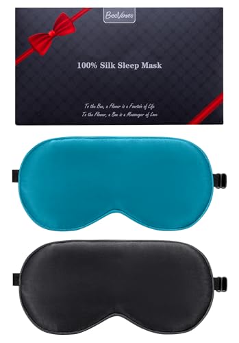 BeeVines Sleep Mask, 2 Pack 100% Real Natural Pure Silk Eye Masks with Adjustable Strap for Sleeping, Mulberry Silk Eye Shade Cover, Block Light Reduce Puffy Eyes Traveling Gifts(Black & Peacock Blue) - Image 1