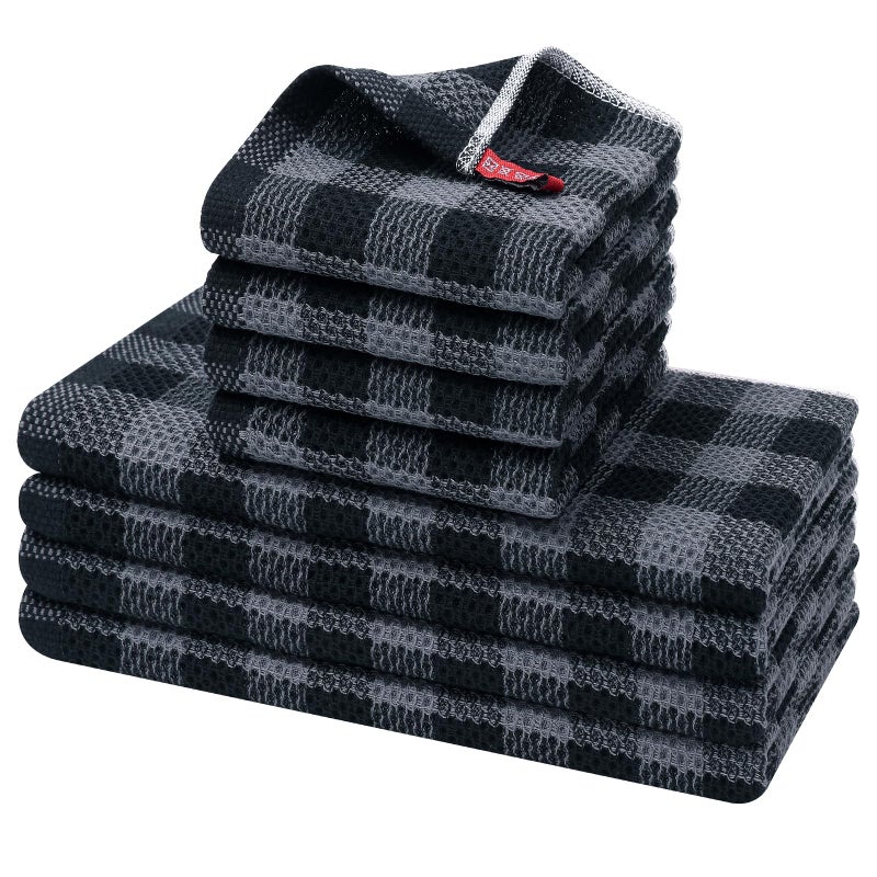 homing Buffalo Plaid Kitchen Towels and Dishcloths Set 12 x 12 and 13 x 28 Set of 8 Bulk Cotton Waffle Weave Dish Towels Super Soft Absorbent Hand Towels for Kitchen Grey  Black