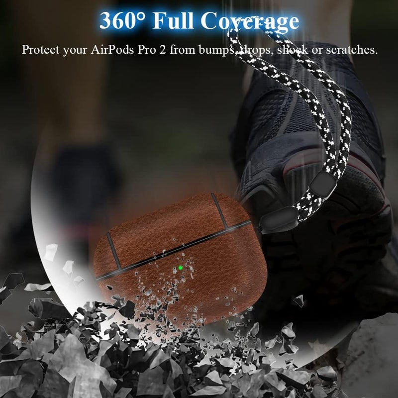 OneNine Care processed raw material PU Leather Protective Case for Airpods Pro 2, Luxury Lightweight Drop-Proof Full Protection Skin Cover with Lanyard, Compatible with Airpods Pro 2nd Generation 2022 Case, Front LED Visible Simple upgraded construction - Image 4