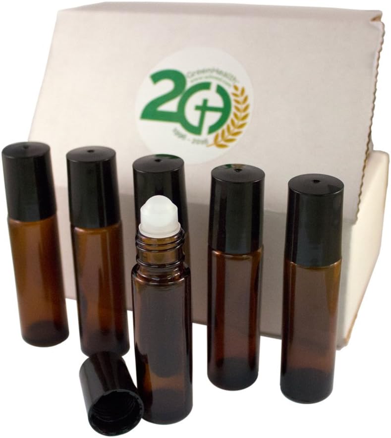 GreenHealth علاج العطور الأخضر - زجاجة زجاجية كهرمانية مع تطبيق رول أون وغطاء أسود - 10 مل - عبوة من 6