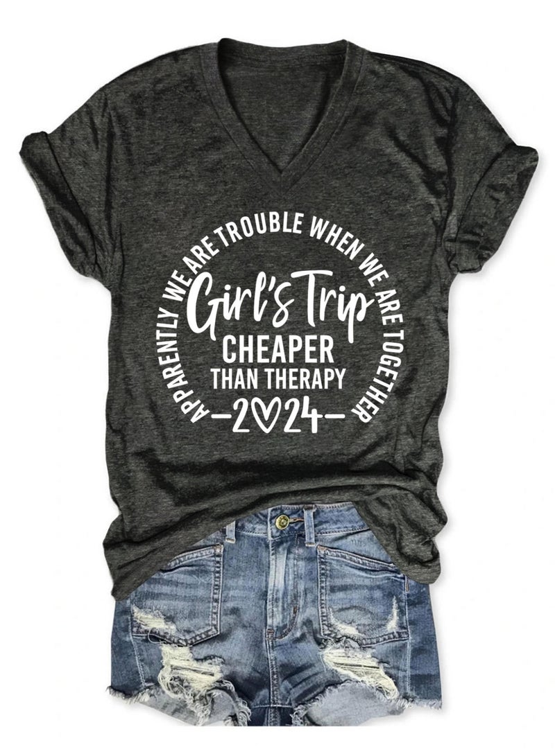 Women V Neck Tshirt 'Girls Trip' Printed Short Sleeve Tees Tops Soft T-Shirts - Image 2