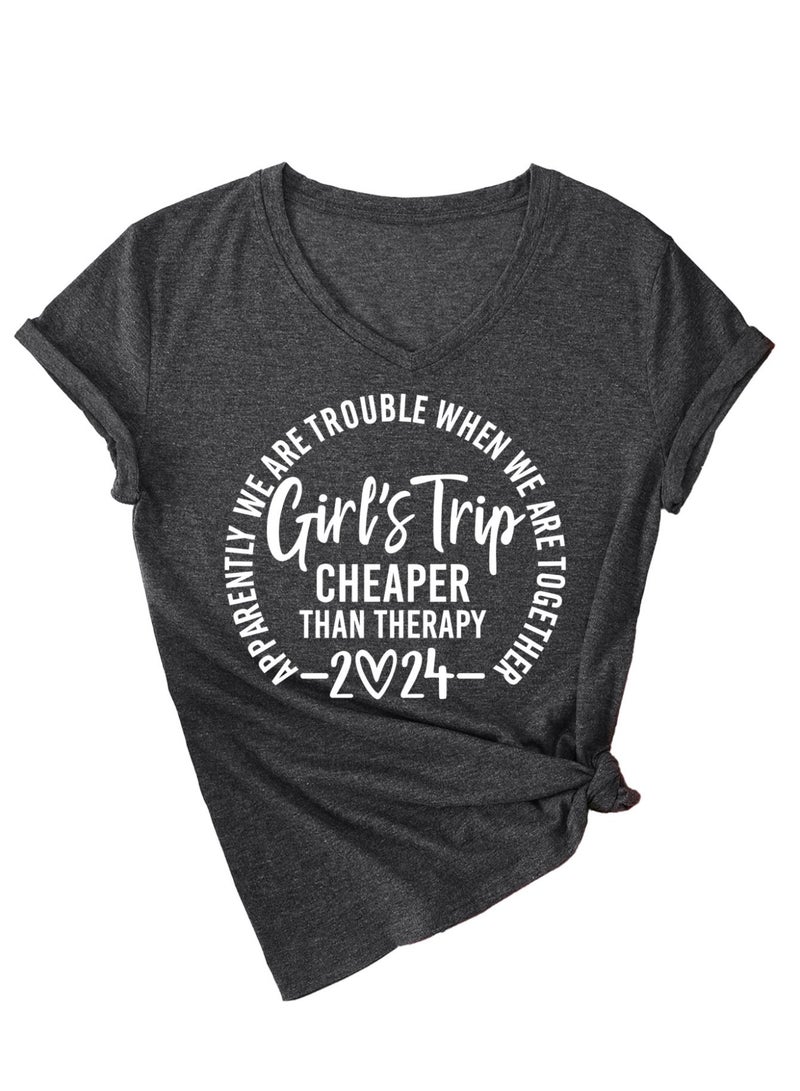 Women V Neck Tshirt 'Girls Trip' Printed Short Sleeve Tees Tops Soft T-Shirts - Image 1