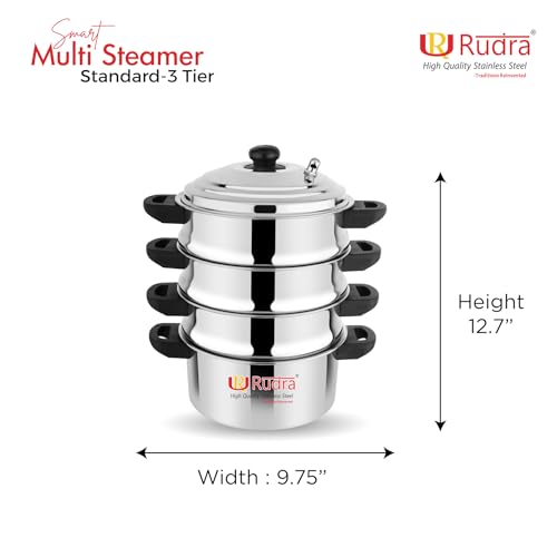 Rudra Stainless Steel Smart Multi Steamer | Gas/Induction friendly | Nonstick 3-Layer Bottom, 100% Pure & Toxin-free(Standard 3 Tier), ?12 Centiliters - Image 2