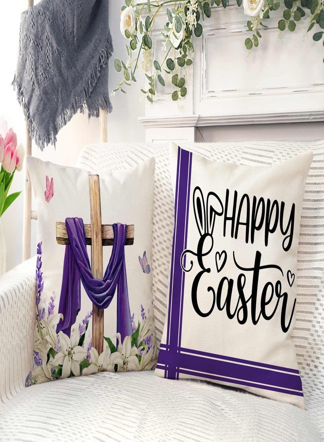 4TH Emotion Easter Throw Pillow Covers 18 x 18 Inch Set of 4, He is Risen Spring Farmhouse Holiday Purple Cushion Case for Home Sofa Couch Decoration TH177 - Image 4