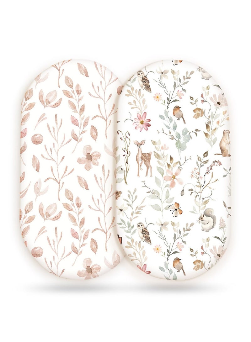 MarlaMall Stretchy Ultra Soft Fitted Bassinet Sheet Set 2 Pack, Universal Fit for Bassinets Baby Cradle Moses Basket Oval Rectangle Mattress Safe and Snug, Beautiful Blush Pink Floral and Cute Animals Print - Image 1