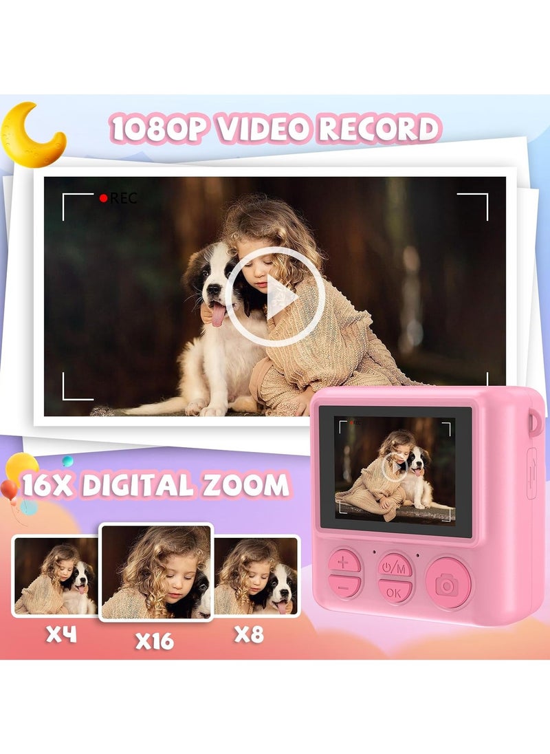 Instant Print Camera for Kids,Instant Camera for Girls Boys,Kids Camera Toys for Toddler 1080P HD Selfie Digital Camera with Print Paper & 32G Card,Birthday Gifts for Age 3-12 Years Old Pink