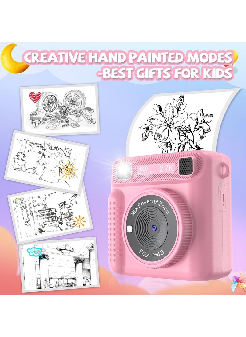Instant Print Camera for Kids,Instant Camera for Girls Boys,Kids Camera Toys for Toddler 1080P HD Selfie Digital Camera with Print Paper & 32G Card,Birthday Gifts for Age 3-12 Years Old Pink