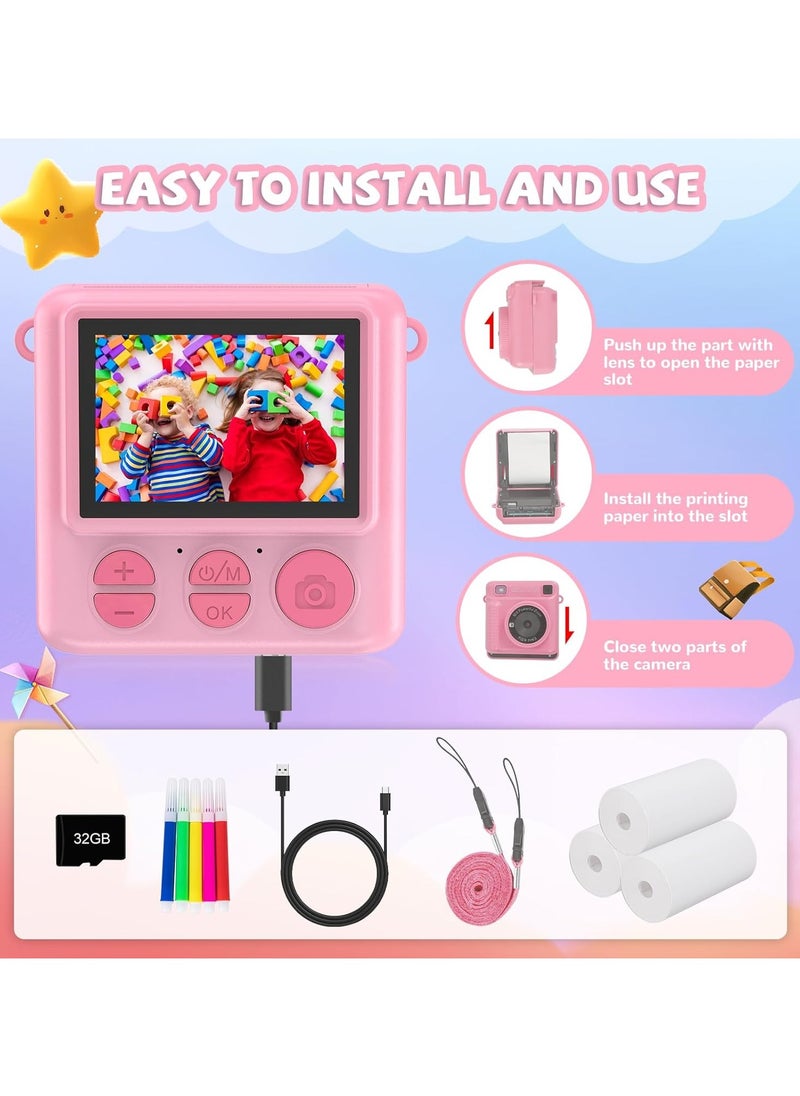 Instant Print Camera for Kids,Instant Camera for Girls Boys,Kids Camera Toys for Toddler 1080P HD Selfie Digital Camera with Print Paper & 32G Card,Birthday Gifts for Age 3-12 Years Old Pink