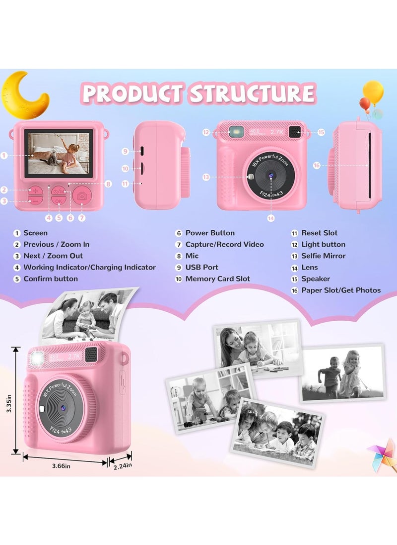 Instant Print Camera for Kids,Instant Camera for Girls Boys,Kids Camera Toys for Toddler 1080P HD Selfie Digital Camera with Print Paper & 32G Card,Birthday Gifts for Age 3-12 Years Old Pink