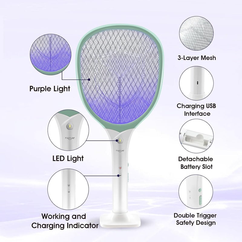 Faicuk Rechargeable Handheld Bug Zapper Racket 2 in 1 Electric Fly Swatter (2 in 1 Green) - Image 3