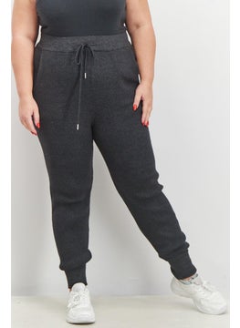 Women Trendy Plus Size Ribbed Jogger Pants, Dark Charcoal Mix